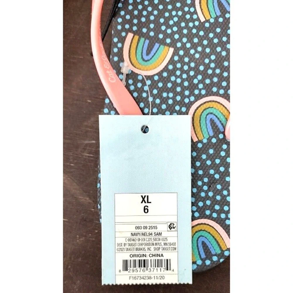 Cat & Jack Kids Flip Flops Rainbow Print Pink Straps‎ Size XL 6